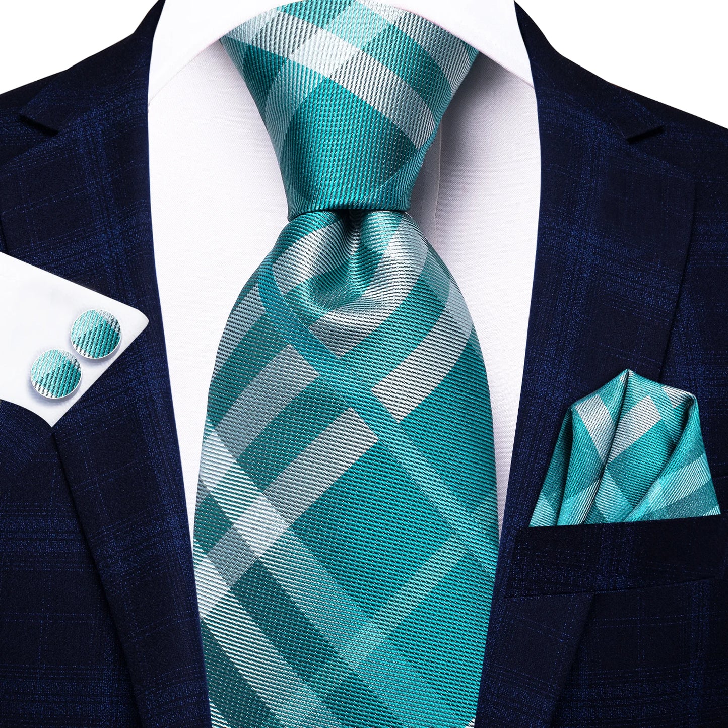 Hi-Tie Designer Silk Wedding Tie For Men Blue White Plaid Handky Cufflink Set Fashion Necktie For Men Business Party Wholesale