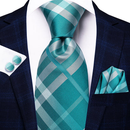 Hi-Tie Designer Silk Wedding Tie For Men Blue White Plaid Handky Cufflink Set Fashion Necktie For Men Business Party Wholesale
