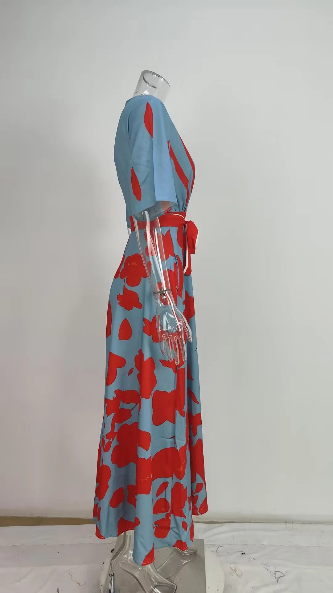 Spring Summer Women Fashion V Neck Belted Party Long Dress Sexy Printing  Boho Maxi Dresses Short Sleeve Pocket Femlae Holiday