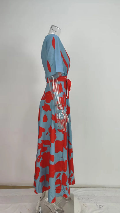 Spring Summer Women Fashion V Neck Belted Party Long Dress Sexy Printing  Boho Maxi Dresses Short Sleeve Pocket Femlae Holiday