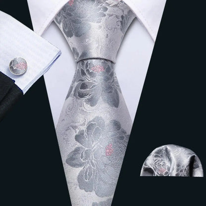 Barry.Wang Black White Gray Silver Silk Men Tie Handkerchief Cufflinks Set Jacquard Necktie for Male Wedding Business Party Gift