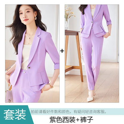 2024 Summer New Women's Petite Casual Seven-Half Sleeve Professional Workwear Purple Thin Suit Jacket Pants Set