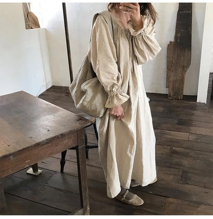 2025 New Spring Cotton Linen Dress for Women Solid Long Sleeve Drawstring Office Lady Elegant Maxi Dress