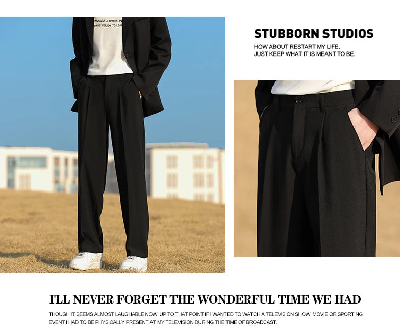 Spring Summer Men Suit Pants Wide Leg Long Drape Trousers Fashion Streetwear Clothing Solid Stretch Waist Oversize Pants Black