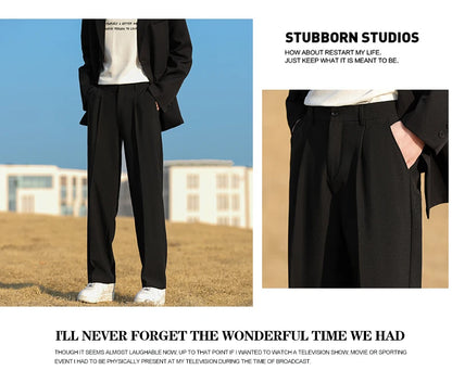 Spring Summer Men Suit Pants Wide Leg Long Drape Trousers Fashion Streetwear Clothing Solid Stretch Waist Oversize Pants Black
