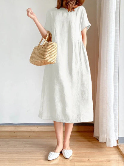 New in Spring Summer Women's Dress Elegant Casual Loose Short Sleeve Tops A-LINE Oversize Solid Midi Dresses for Women Clothing