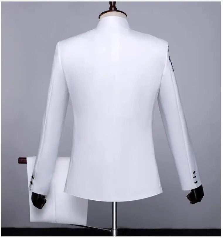 New Men Standing Collar Embroidered Suit 2 Piece Fashion Male Business Social Wedding Prom Stage Performance Dress Blazer Pant