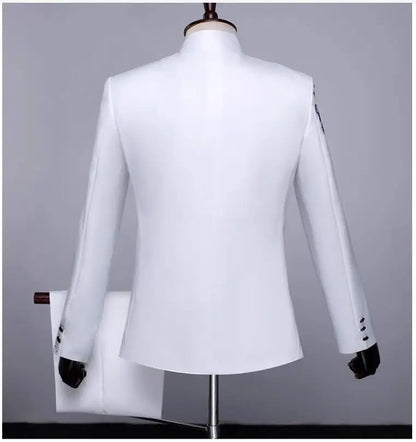 New Men Standing Collar Embroidered Suit 2 Piece Fashion Male Business Social Wedding Prom Stage Performance Dress Blazer Pant