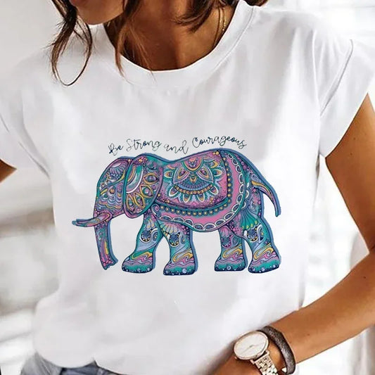 Spring Woman  T-Shirts Funny Elephant Boho Printed Short Sleeve Tees Fashion Female Clothes Comfortable Soft Street Tops