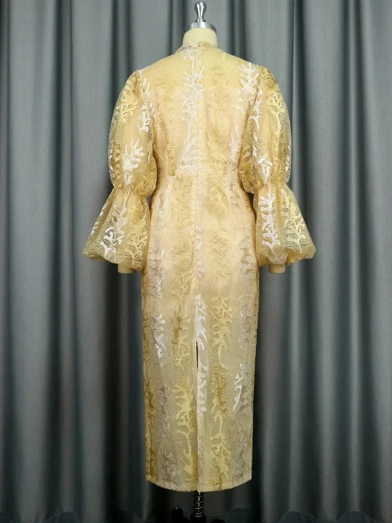 Gold Embroidery Sequin Dresses for Women Stand Collar Cute Puff Long Sleeve Luxury Midi Dress Modest Chic 2025 Party Event Gowns