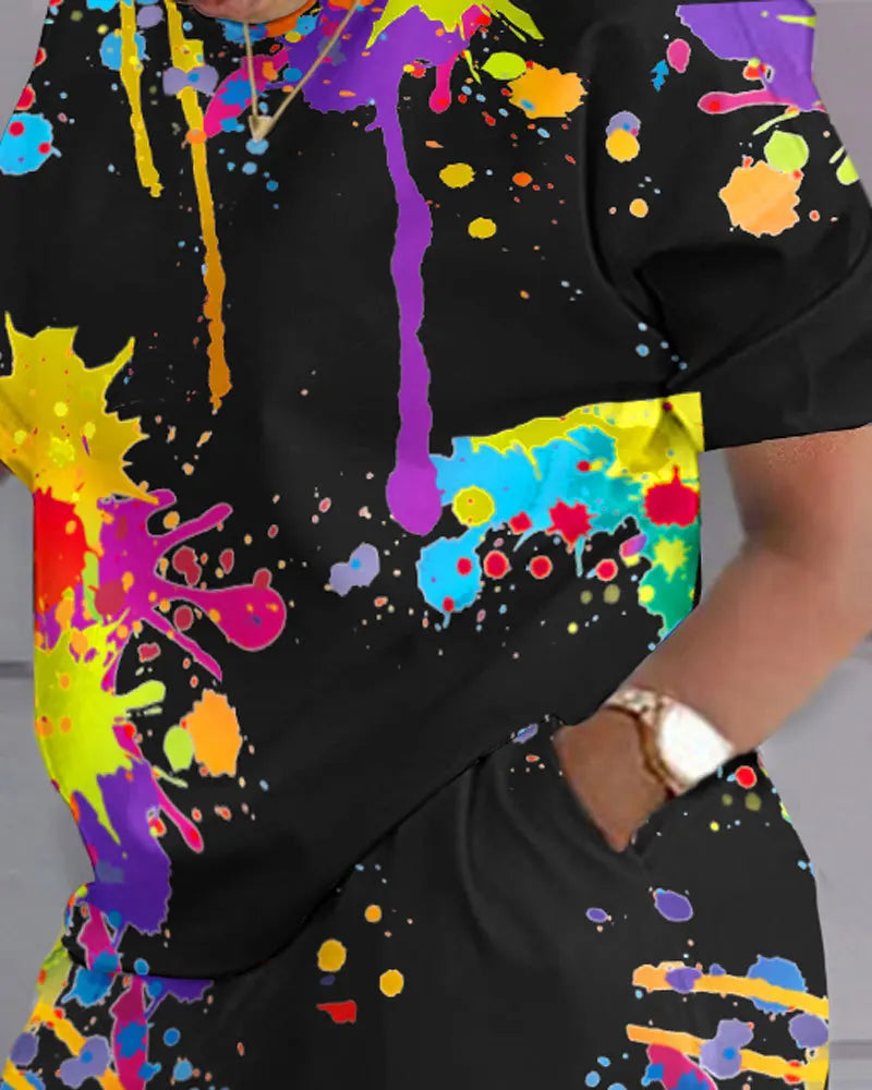 Casual Loose Short Sleeve Tshirt Shorts Set Office Lady Summer Fashion O-neck Colorful Print Two Piece Set Women Outfit 2023