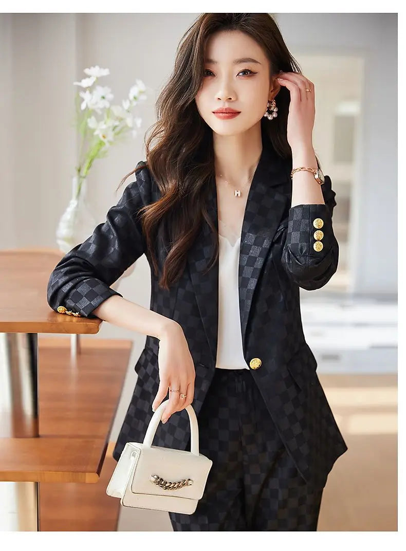 Women's Spring Autumn New Fashion Plaid Professional Suit Jacket Matching Set Korean Elegant Casual Blazers Pants Two Piece