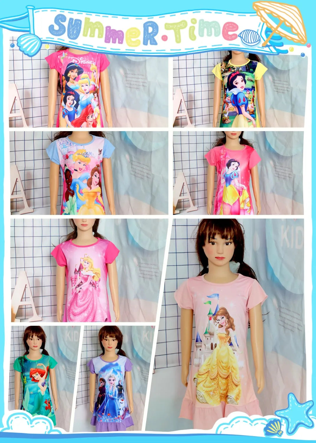 3-8Years New Summer Kids Cartoon Dress Sleepwear Mermaid Princess Belle Girls Printing Nightgowns Children Party Dresses Pajamas