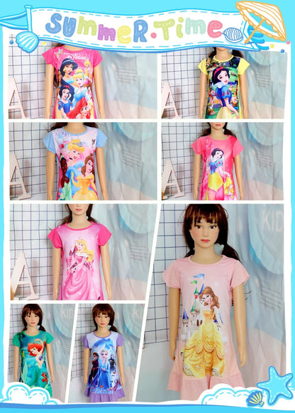 3-8Years New Summer Kids Cartoon Dress Sleepwear Mermaid Princess Belle Girls Printing Nightgowns Children Party Dresses Pajamas
