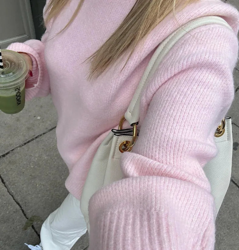 Pink Sweet Autumn Winter Women Warm Knitted Jumper New Round Neck Pullover Tops Loose Casual Long-sleeved Bottomed Sweater Women