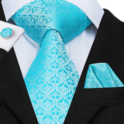 Hi-Tie Light Blue Solid Silk Wedding Nicktie For Men Hanky Cufflink Gift Men Tie Set Business Party Dropshipping Novelty Design