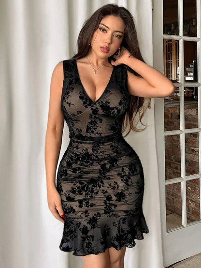 Women's Black Floral Mesh Bodycon Mini Dress Deep V Neck Sleeveless Ruffled Hem Gown Stylish Party Outfit For Dates Nights