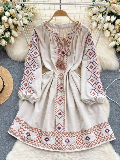 Women's Spring Dress Bohemian Retro Ethnic Style Diamond Cotton Linen Blend Embroidered Lantern Sleeves Mini Dress DS003