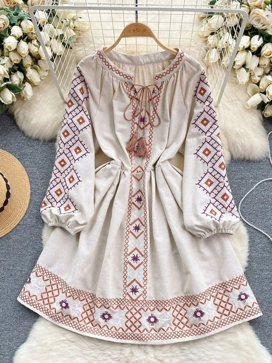 Women's Spring Dress Bohemian Retro Ethnic Style Diamond Cotton Linen Blend Embroidered Lantern Sleeves Mini Dress DS003