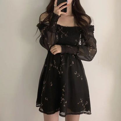 Spring Womens Sexy Black Dress Vintage Flower Long Puff Sleeve Chiffon Dresses Korean Casual Mini Vestidos Mujer Clothes 13676