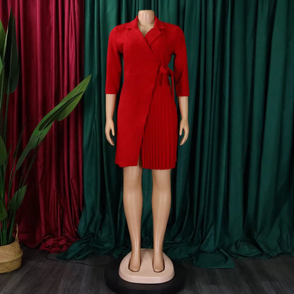 FairyShely 2025 Summer Solid Plus Size Folds Dress Women Long Sleeve Large Big Dresses Lady Belt Party Tight Curvy Short Dress