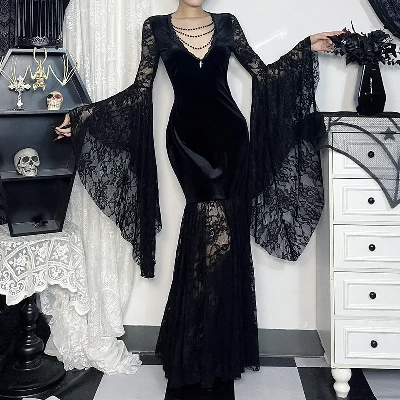 Y2K Goth Floral Lace Mesh Flared Sleeve Bodycon Party Dresses Sexy Vintage Elegant Black Velvet V-Neck Long Dress Partywear