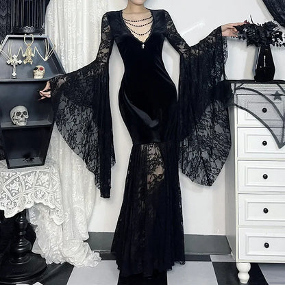 Y2K Goth Floral Lace Mesh Flared Sleeve Bodycon Party Dresses Sexy Vintage Elegant Black Velvet V-Neck Long Dress Partywear