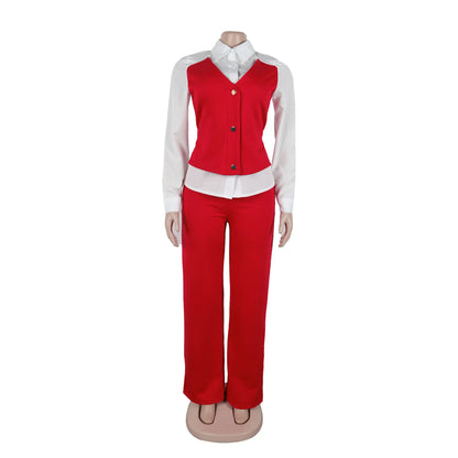 HLJ Elegant Lady Patchwork Shirts Two Piece Sets Women Lapel Long Sleeve Button Top And Pants Outfits Autumn OL 2pcs Clothing