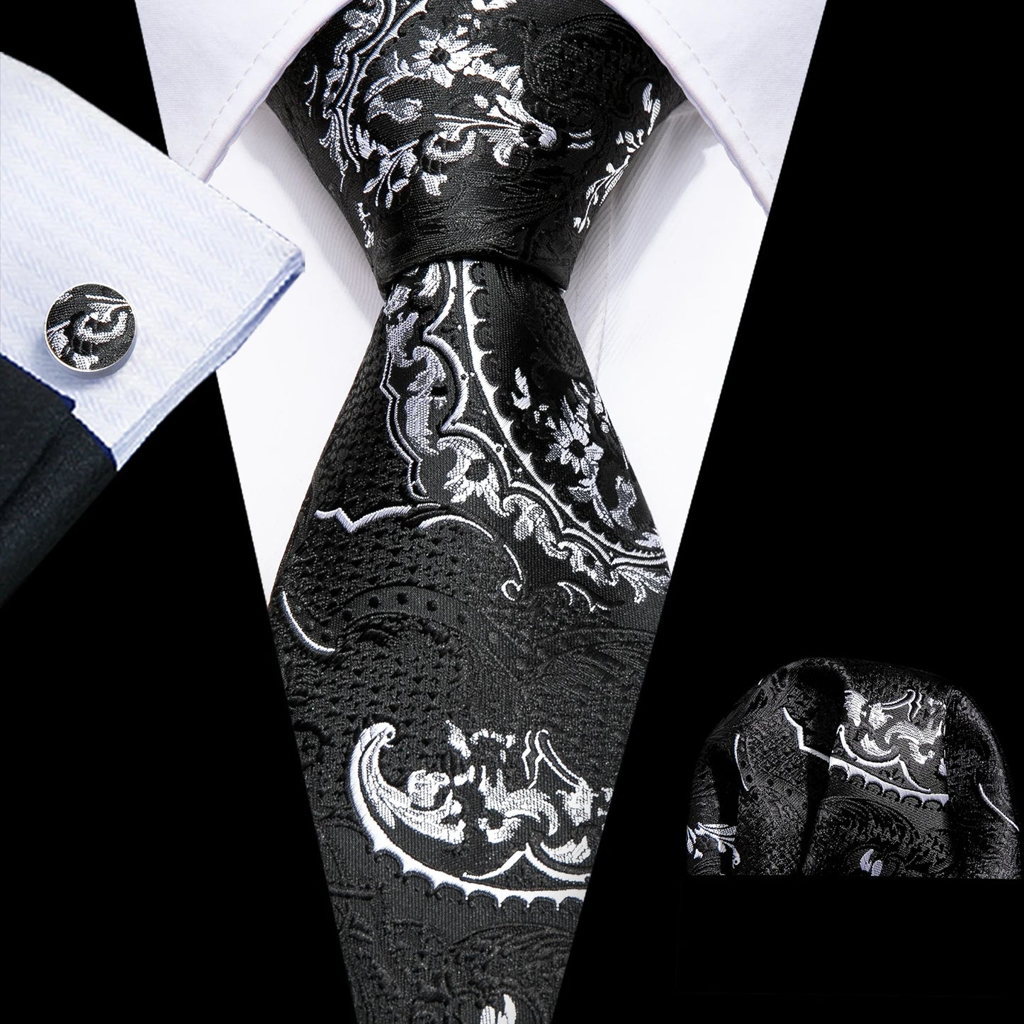 Barry.Wang Black White Gray Silver Silk Men Tie Handkerchief Cufflinks Set Jacquard Necktie for Male Wedding Business Party Gift