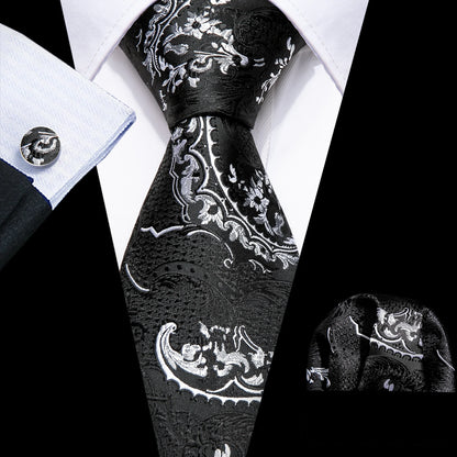 Barry.Wang Black White Gray Silver Silk Men Tie Handkerchief Cufflinks Set Jacquard Necktie for Male Wedding Business Party Gift