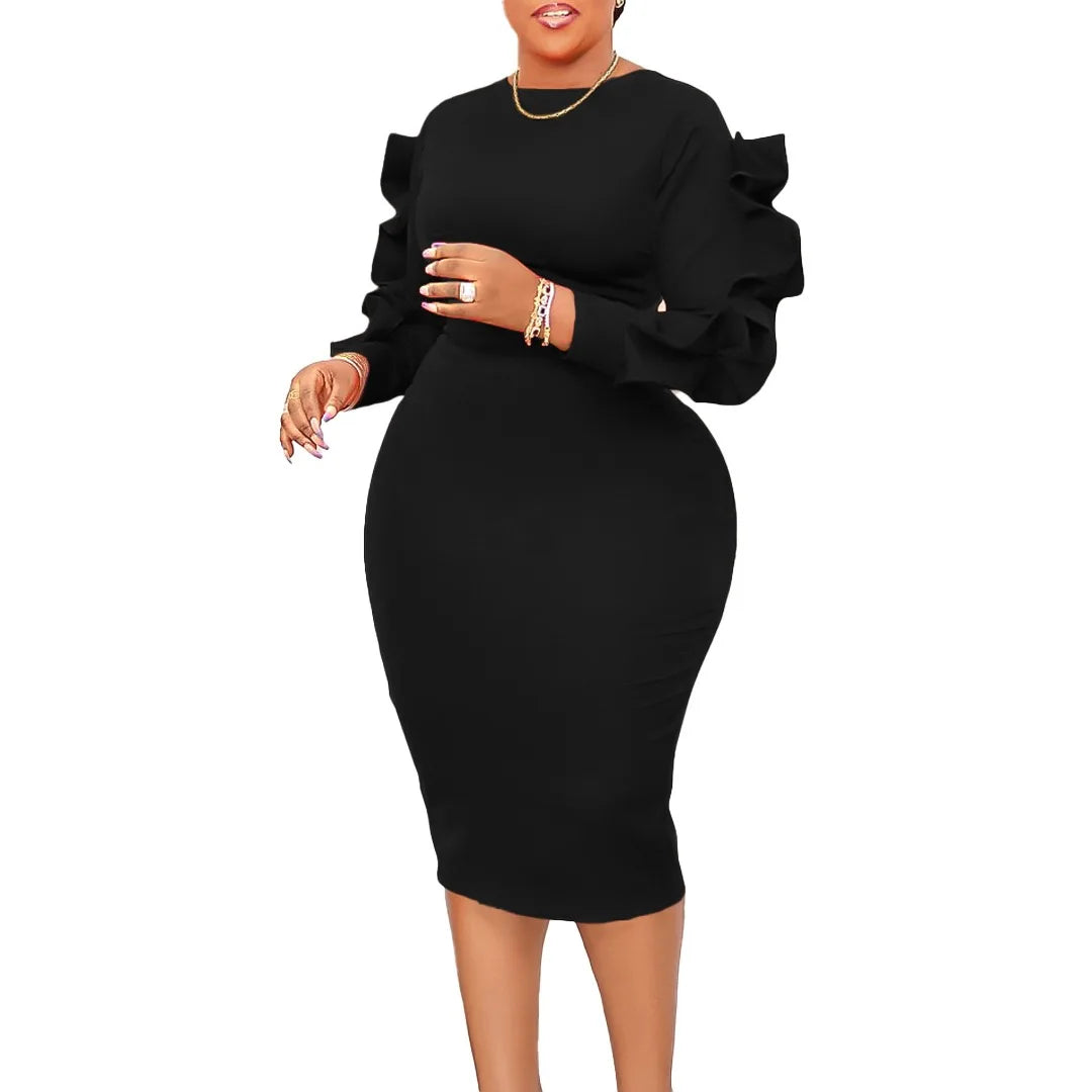 Elegant Office Dresses for Woman 2024 New O Neck Petal Sleeve Sheath Package Hips Mid Calf Formal Business Work Wear Dress Midi