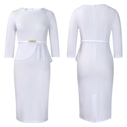 L-3XL Plus Size Elegant Midi Dress 2025 Spring Summer Women Office Lady Dress Casual 3/4 Sleeve Bandage Robe Oversize Dress