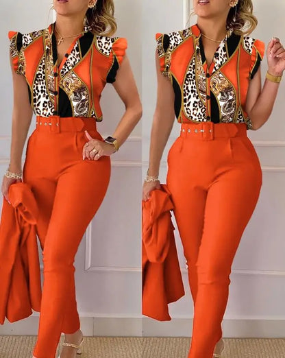 Two Piece Sets Womens Outifits 2023 Summer Fashion Geometric Print Flutter Sleeve Stand Collar Top & Pocket Pants Set with Belt