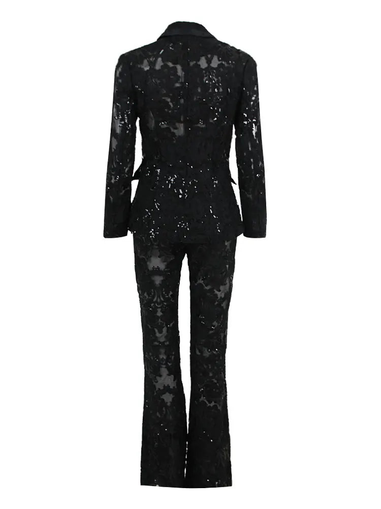 Sexy Autumn Women's Sequin Perspective Suit Pants Set with Polo Collar Long Sleeve Slim Fit Suit Coat+Flare Pants Two Piece Set