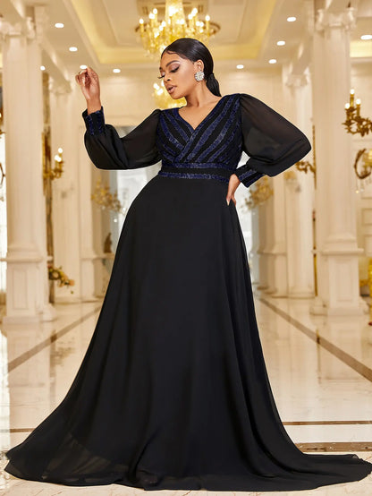 Plus Size V Neck Stripe Sequined Chiffon Dress 5XL 6XL Big Size Black Maxi Long Sleeve Spring Gold Stripe Luxury Evening Dresses