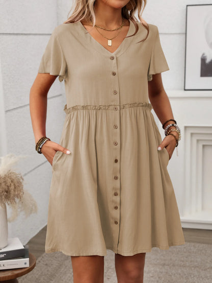 Spring Summer Button Down Dress Flutter Sleeve Cotton Linen A Line Dress With Pockets Beach Summer Knee Length Dresses For Women