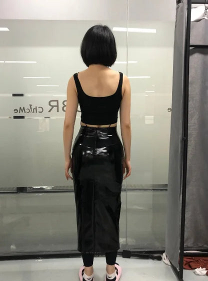 Women's Evening Dress 2024 Spring Summer Latest Commuting Black Pu Sexy V-Shaped Collar Open Back Sleeveness Sling Long Skirt