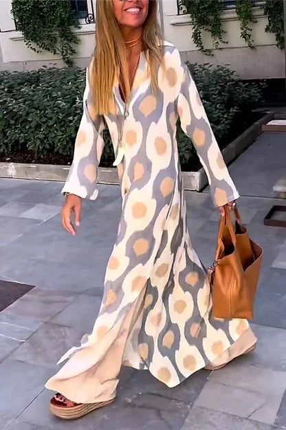 Spring Autumn Casual V Neck Long Sleeve Dress Women Fashion Geometric Printing Split Maxi Dresses Holiday Beach Boho Dress 2024
