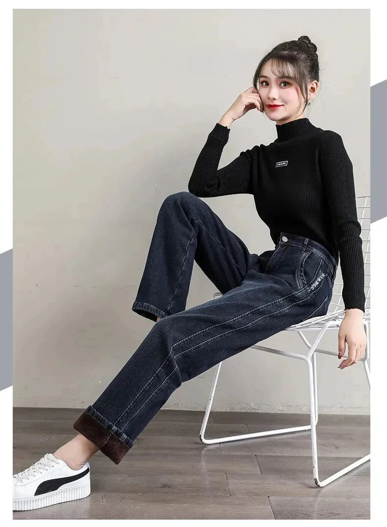 New Winter Thick Warm Fleece Women Straight Jeans Women Classic High Waist Thicken Fashion Warm Denim Pants Retro Cowboy Trouser