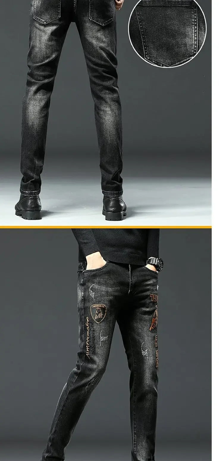 Trendy Black Embroidered Jeans For Men Casual Comfortable Slim Fit Printed Flexible Small Footwear Youth Fashion