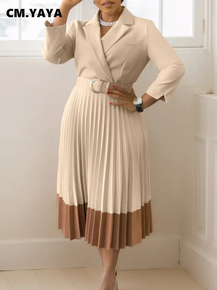 CM.YAYA Fashion Full Sleeve Notched Neck Solid High Waist Belt Dress Women Autumn Office Lady Pleated Long Africa Midi Dresses