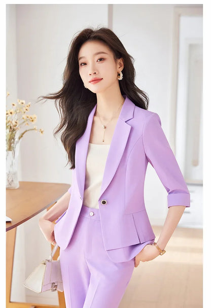 2024 Summer New Women's Petite Casual Seven-Half Sleeve Professional Workwear Purple Thin Suit Jacket Pants Set