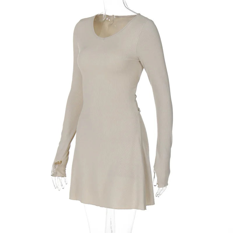 Spring Elegant Pretty Women Dresses New Black Sexy Short Dress Female V Neck Long Sleeve Slim Solid Color Mini Dress