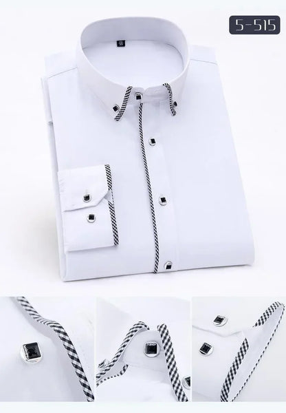 Spring and Autumn Men Dress Shirt Long Sleeve Trim Business Casual Solid Color Shirt Slim Fit White Base Layer Shirt for Male