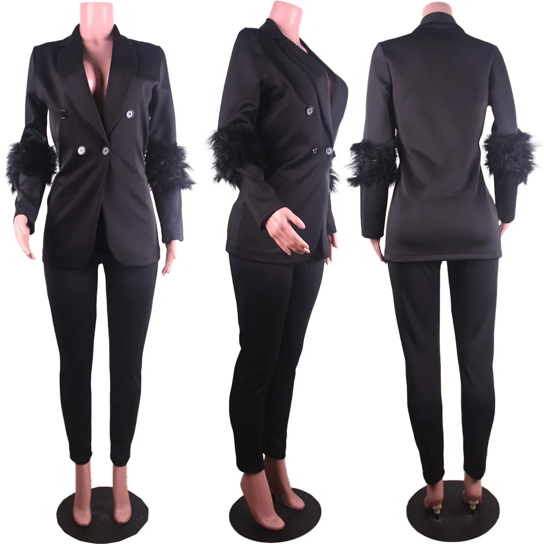 CM.YAYA Vintage Women Fur Hem Long Sleeve Blazer Suit and Pants 2023 Chic OL Fashion Two 2 Piece Set Outfits Basic Tracksuit