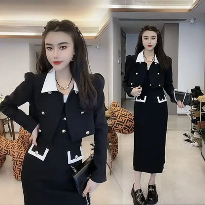 Spring Autumn New Dress Set Women Turn-down Collar Long Sleeve Button Patchwork Cardigan Elegant Slim All-match Slip Dresses