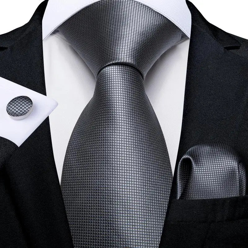 Barry.Wang Black White Gray Silver Silk Men Tie Handkerchief Cufflinks Set Jacquard Necktie for Male Wedding Business Party Gift