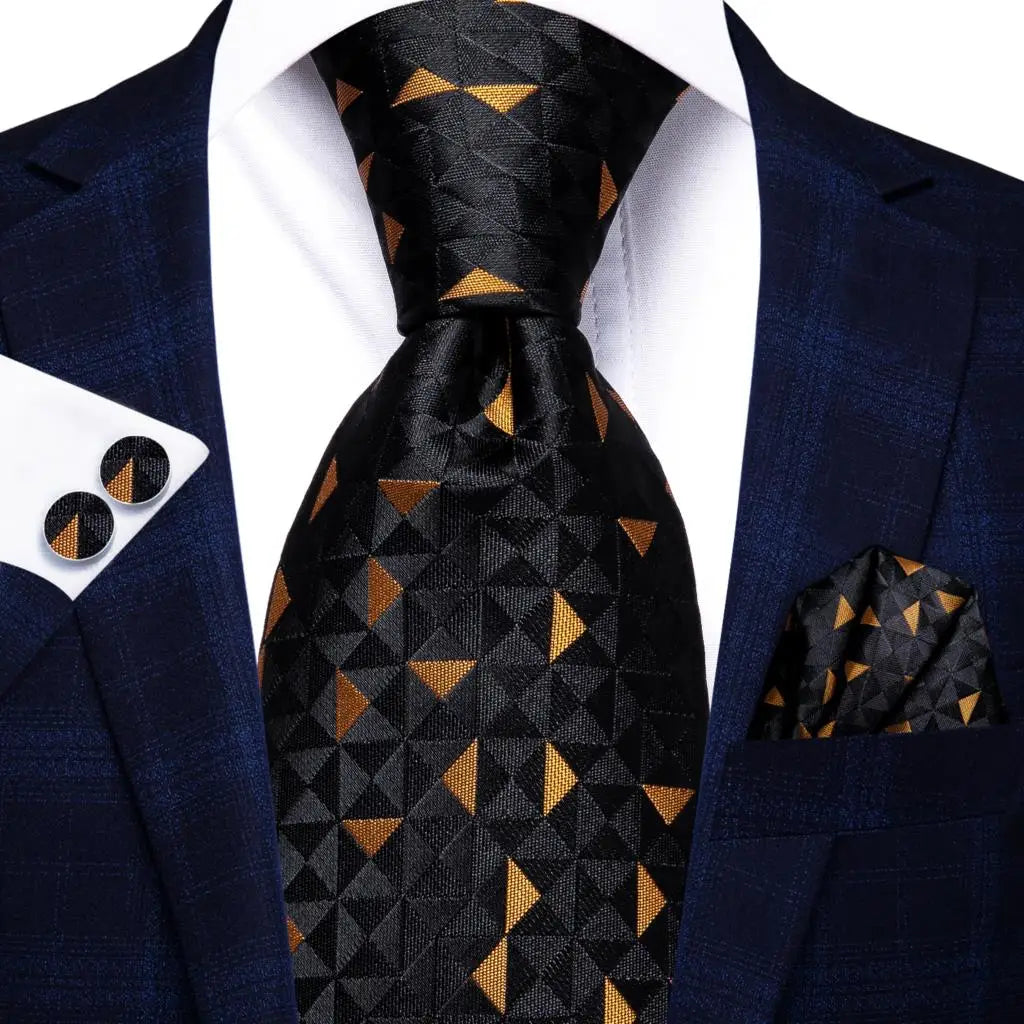 Hi-Tie Psialey Black Gold Silk Elegant Tie For Men Groom Wedding Men Necktie Pocket Square Cufflink Accessory Wholesale Designer