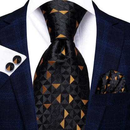 Hi-Tie Psialey Black Gold Silk Elegant Tie For Men Groom Wedding Men Necktie Pocket Square Cufflink Accessory Wholesale Designer