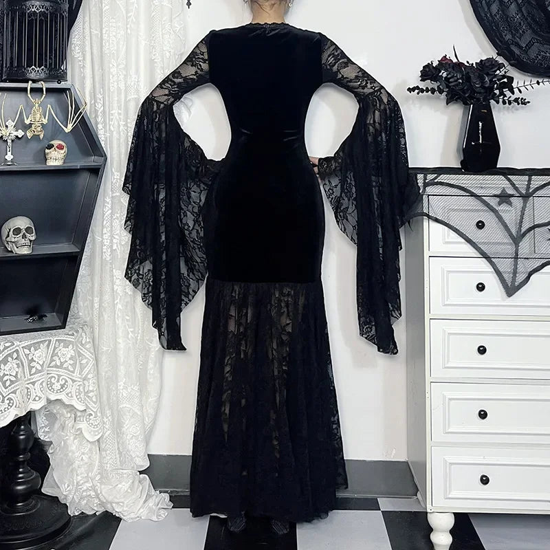 Y2K Goth Floral Lace Mesh Flared Sleeve Bodycon Party Dresses Sexy Vintage Elegant Black Velvet V-Neck Long Dress Partywear